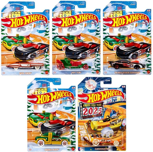 Hot Wheels 2024 Happy Holidays Christmas Mix Winter Set of 5 Pack, 1:64 Scale Diecast X-mas