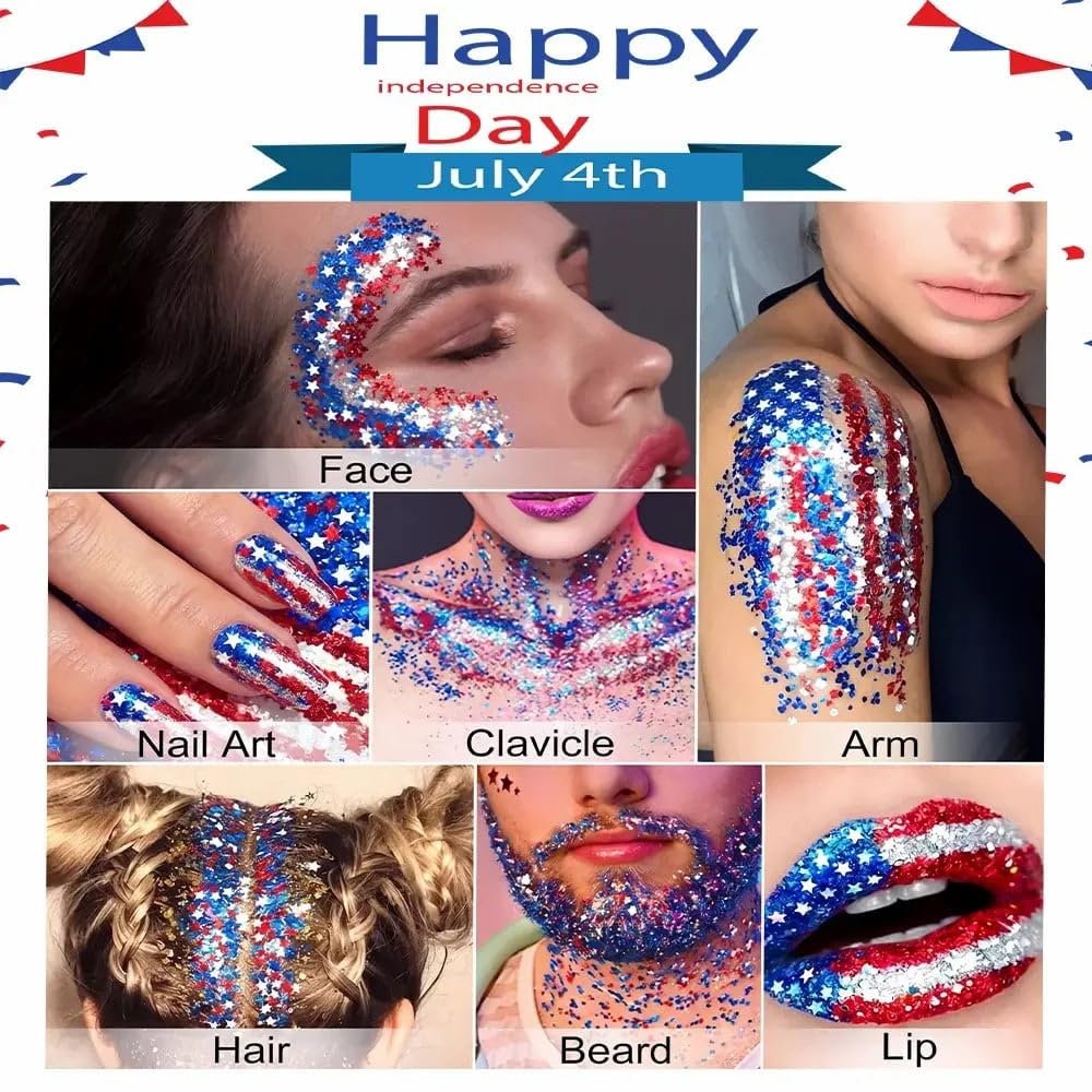 Red, White & Blue Body & Hair Sparkle, 4th of July Outfits and 250th Anniversary Accessories, Waterproof Sparkling Face Hair Glitter for Independence