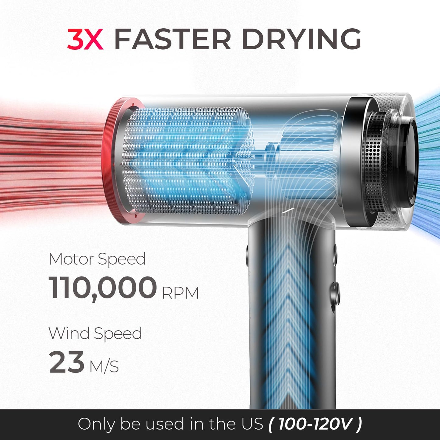 TYMO 1500W Professional Hair Dryer with Diffuser – High-Speed Ionic Hairdryer, 4 Temps & 3 Speeds, 8 Ft Cord, Comb Attachment, Metal Gray