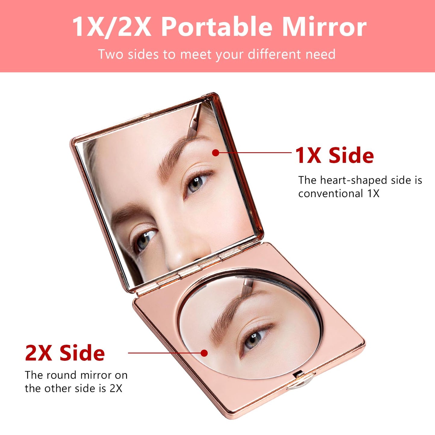 HAPUTDY Mini Elegant Makeup Mirror, Portable 1X/2X Magnifying (Pink)