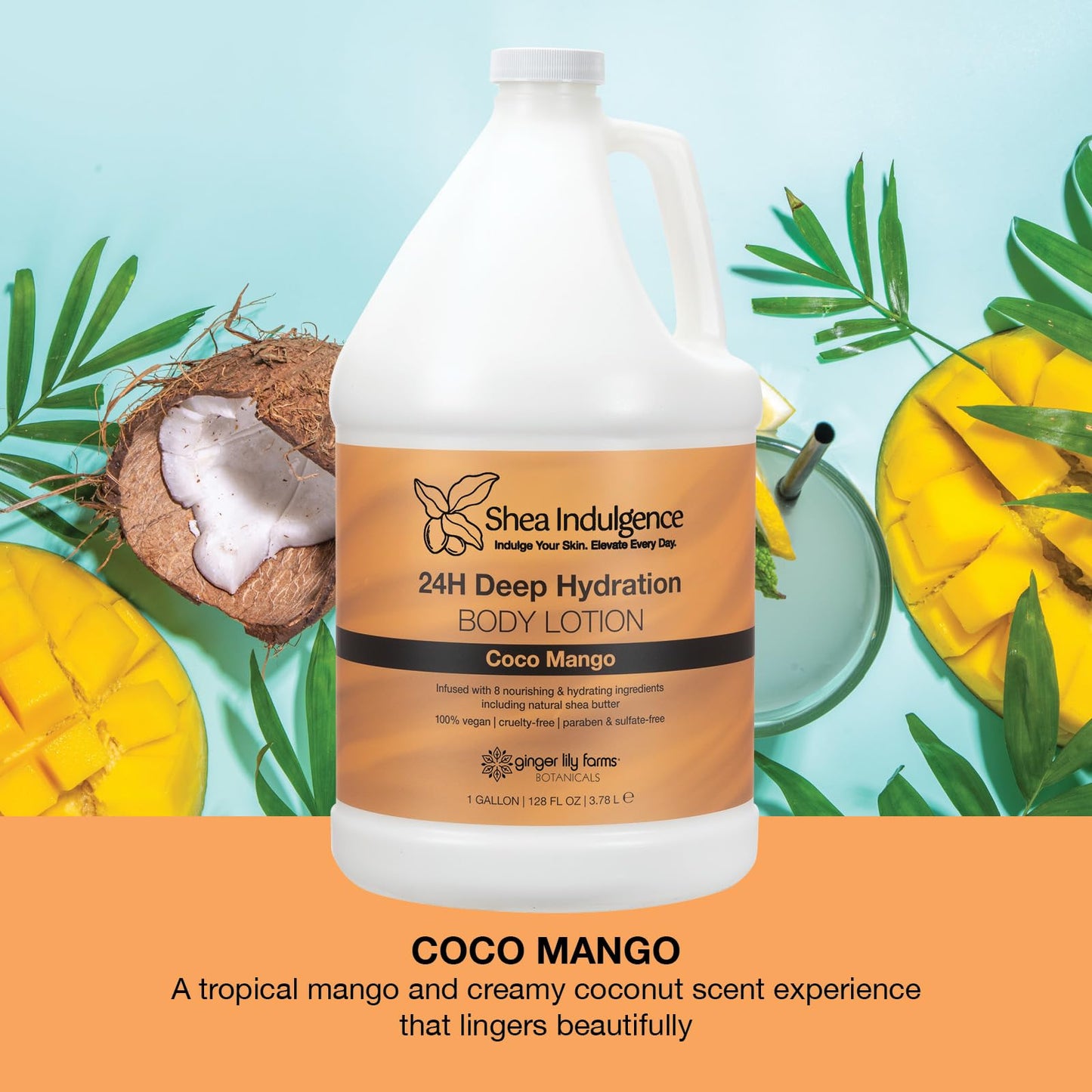 Ginger Lily Farms Botanicals Shea Indulgence 24H Deep Hydration Body Lotion, Coco Mango, 100% Vegan & Cruelty-Free, Coconut Mango Scent, 1 Gallon (128