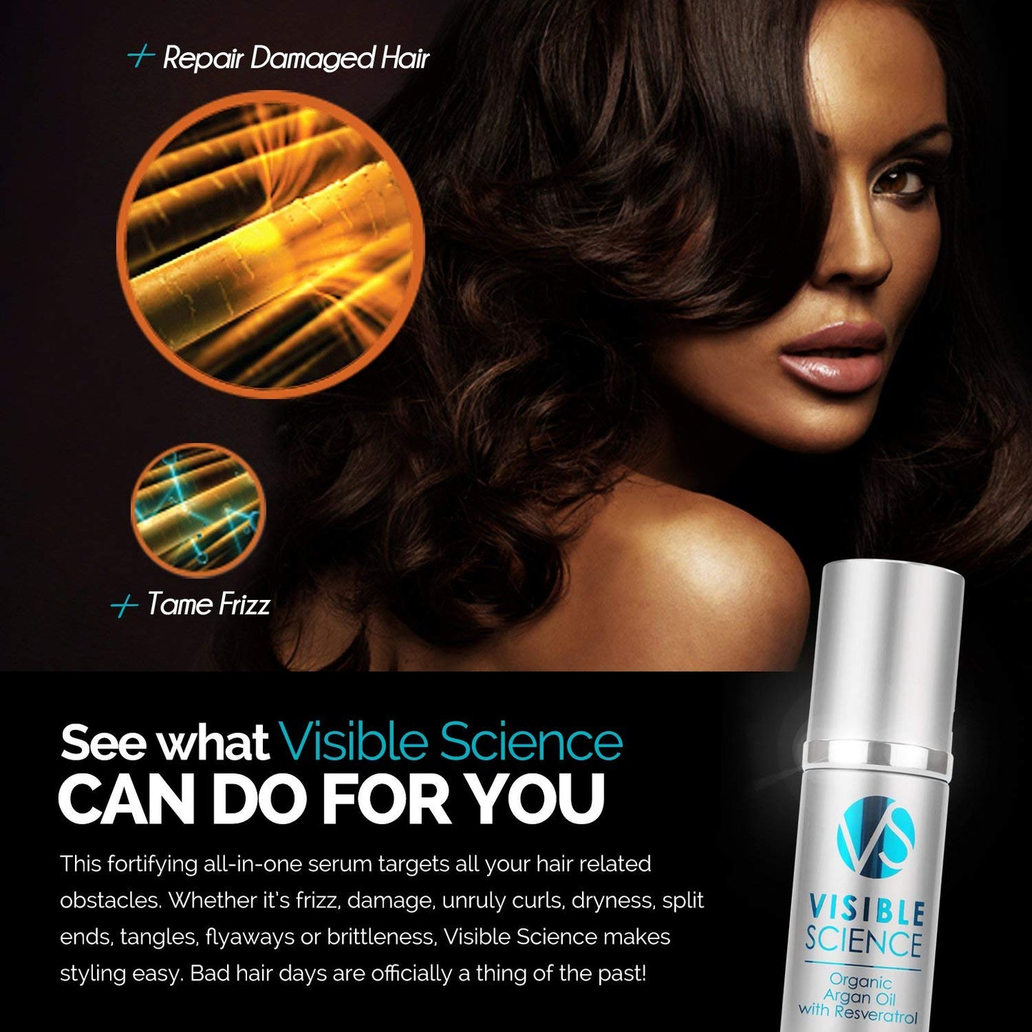 Visible Science Argan Oil Anti Aging Hair Serum - Hair Moisturizer to Repair Damaged Hair with Resveratrol - Antioxidants - Astaxanthin - Organic