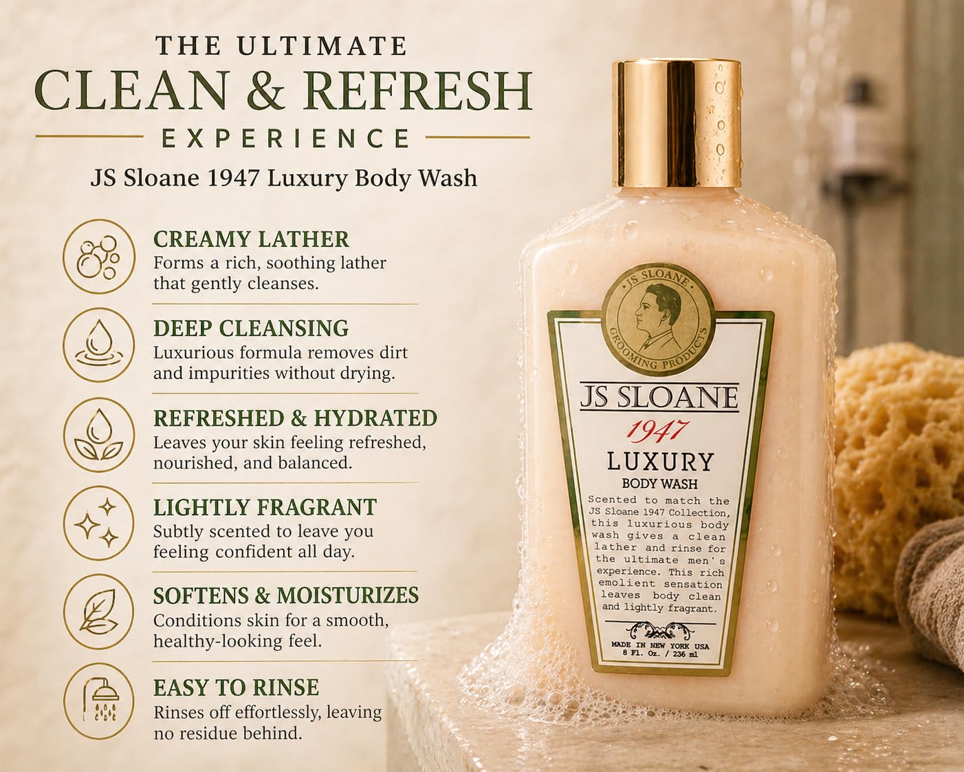 JS Sloane 1947 Luxury Body Wash for Men - Hydrating & Moisturizing Cleanser, Creamy Lather, Fresh Classic Scent, Deep Cleansing Formula, Leaves Skin