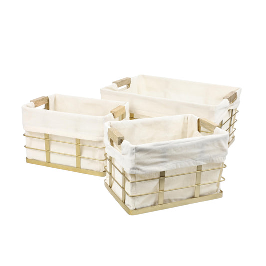happimess BSK3002D-3SET Callan Vintage Industrial Wire Metal Nesting Storage Baskets with Wood Handles and Fabric Liner for Shelves, Cabinets…