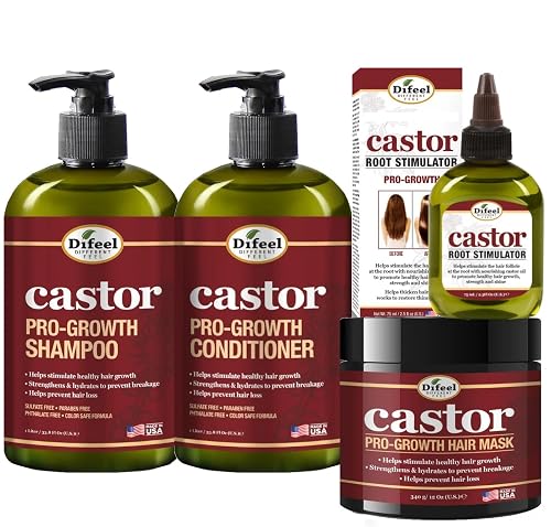 Difeel 4-PC Castor Pro-Growth Hair Growth: Cleansing & Growth Set - Includes 12 oz Shampoo, 12oz Conditioner, 12oz Hair Mask & 2.5oz Root Stimulator