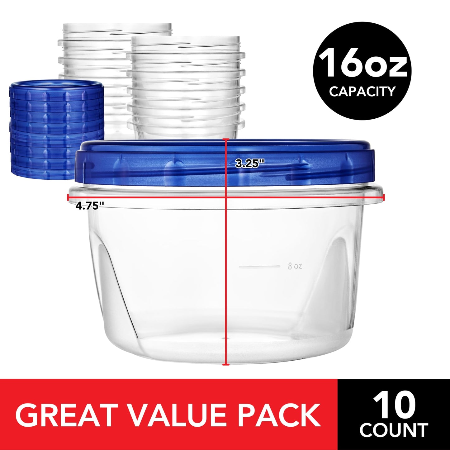 Stock Your Home 16oz Plastic Containers with Twist Top Lids (10 Pack), 2 Cup Freezer Containers with Lids for Leftover Food, Airtight Reusable Soup…