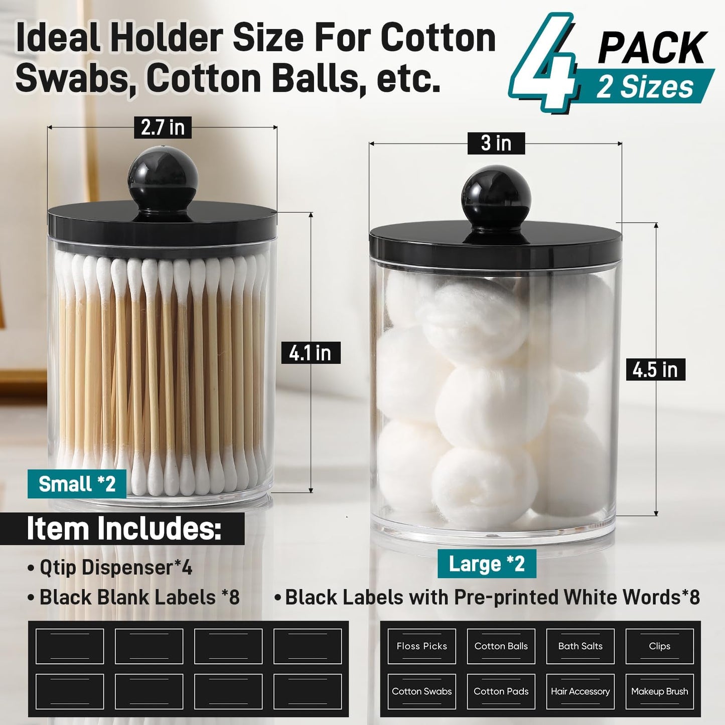 4 Pack Acrylic Qtip Holder Dispenser for Cotton Swabs, Balls, Pads, Floss - Plastic Canister Apothecary Jar Set, Bathroom Essentials Accessories Decor Beauty and Personal Care AOZITA