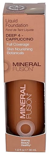 Mineral Fusion Full Coverage Foundation, Liquid Foundation - Deep 4- Deep Complexion w/Golden Undertones, Lightweight Matte Finish, Up to 12 Hr Hydration, Hypoallergenic & Vegan, 1 fl. oz