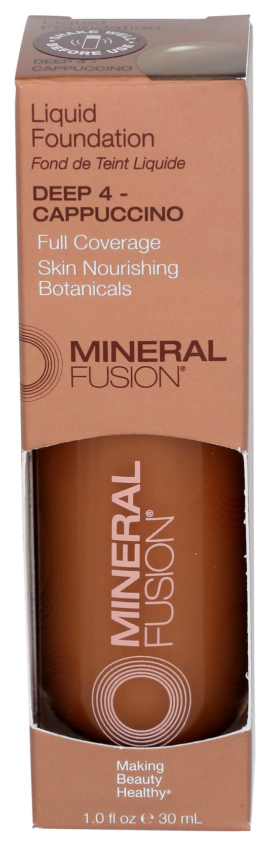 Mineral Fusion Full Coverage Foundation, Liquid Foundation - Deep 4- Deep Complexion w/Golden Undertones, Lightweight Matte Finish, Up to 12 Hr Hydration, Hypoallergenic & Vegan, 1 fl. oz