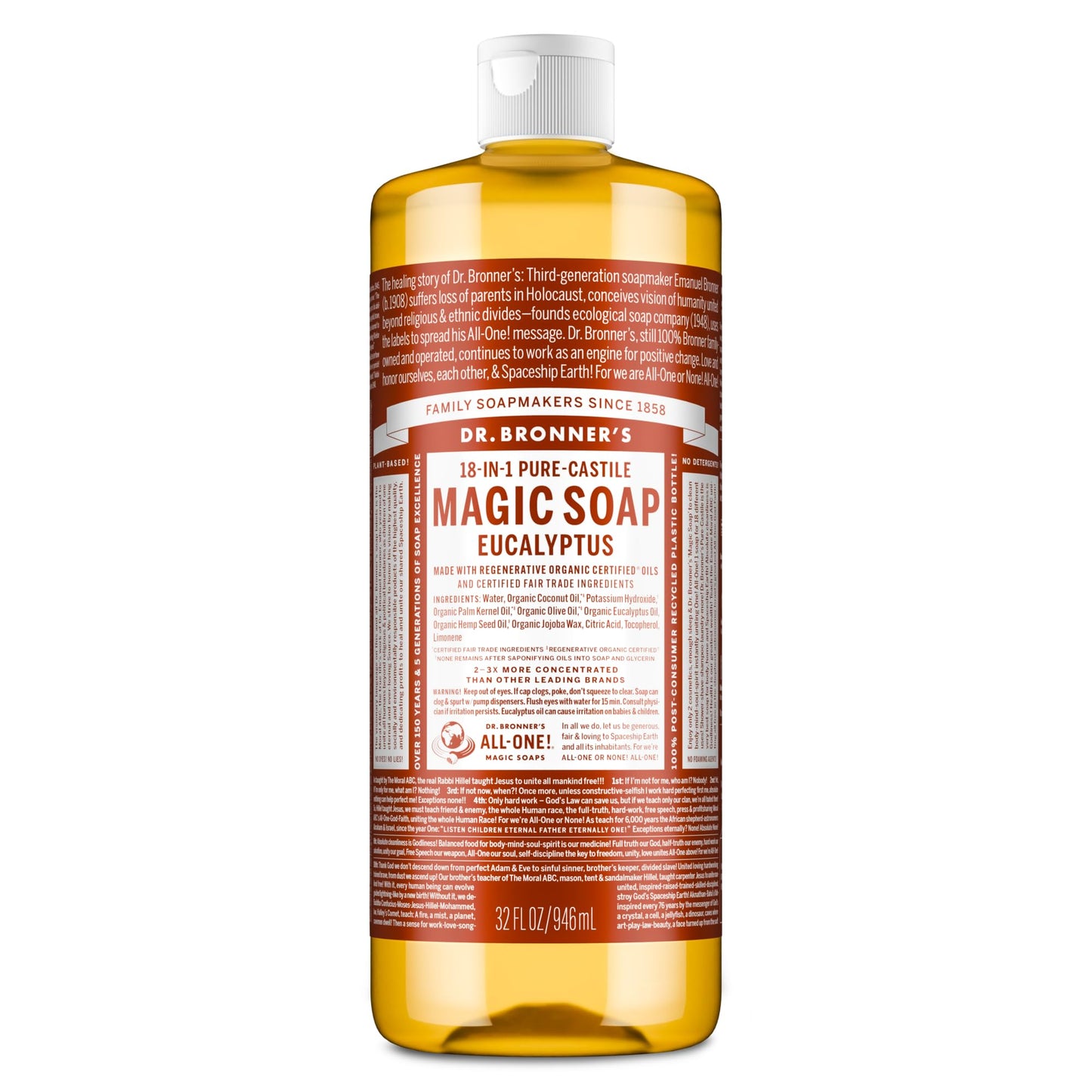 Dr. Bronner's Pure-Castile Magic Soap Liquid (Eucalyptus, 32 Ounce) - Made with Regenerative Organic Certified Oils, 18-in-1 Uses: Face, Body, Hair