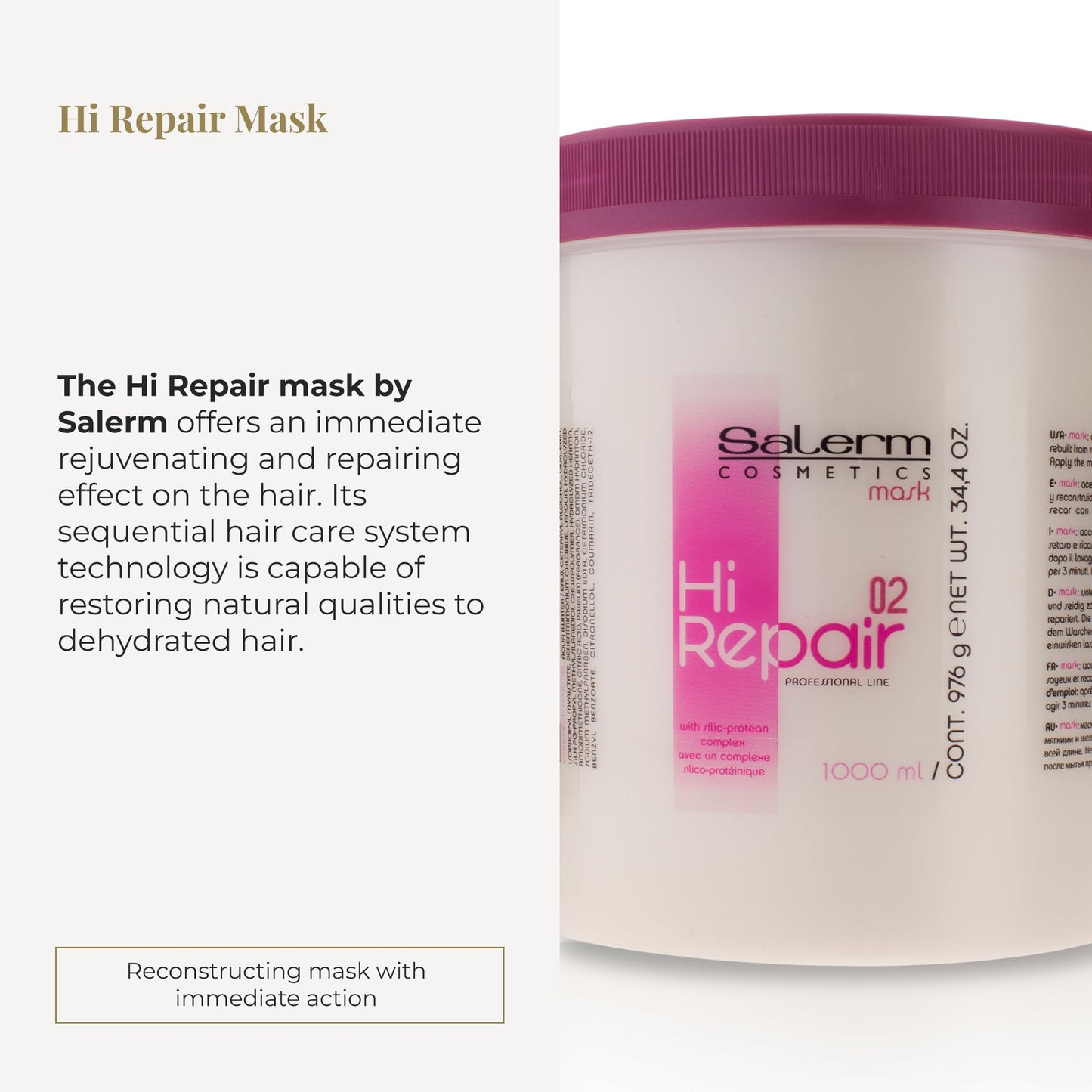 SALERM - Hair Repair Mask - Hi Repair Mask 02-1000 ml - Deeply Moisturizes Damaged Hair - Repairs and Rejuvenates - Shinier and Softer Hair