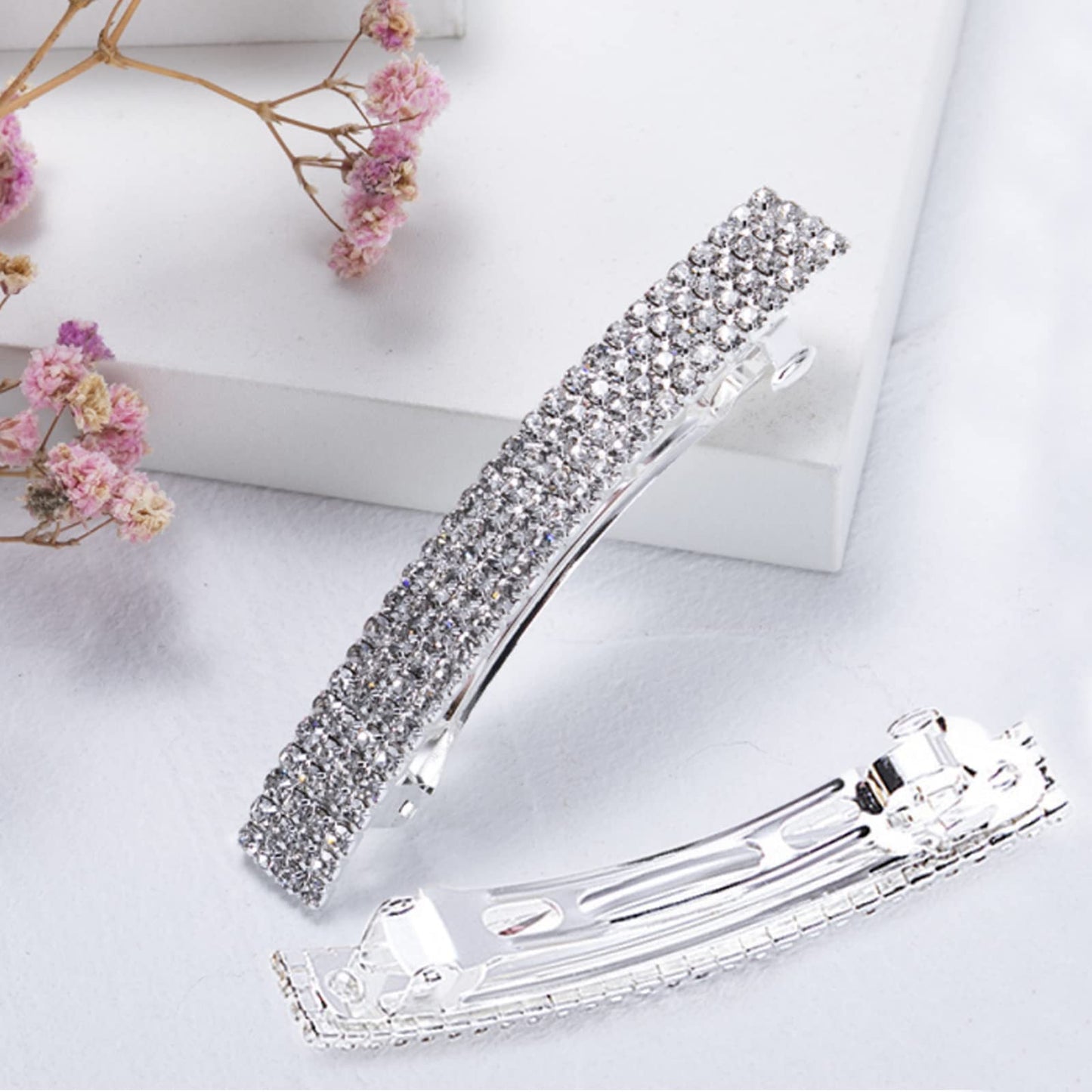 Meisuitd Crystal Hair Barrette 2 Pcs Sparkly Rhinestone Hair Clip French Design Bridal Fashion Gorgeous Bling Rhinestone Hair Clips Ponytail Holder