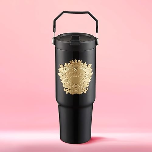Juicy Couture 30oz Flip Flow Stainless Steel Tumbler With Flip Straw and Carry Handle, Black 3D Gold Logo