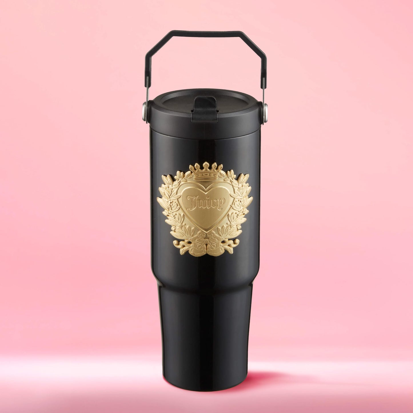 Juicy Couture 30oz Flip Flow Stainless Steel Tumbler With Flip Straw and Carry Handle, Black 3D Gold Logo