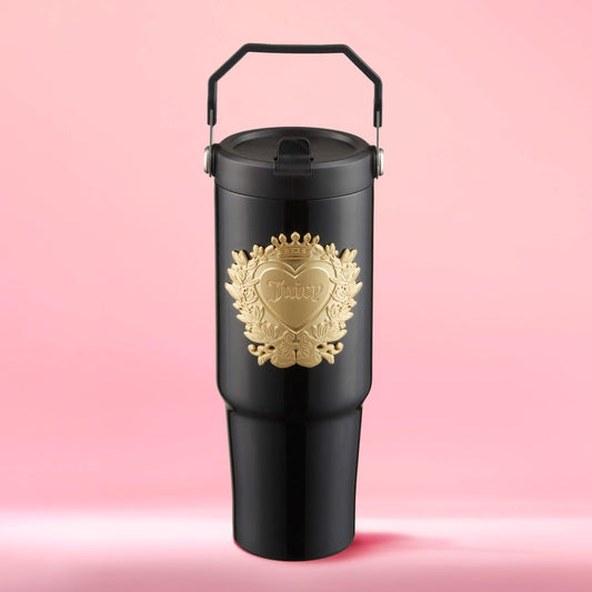 Juicy Couture 30oz Flip Flow Stainless Steel Tumbler With Flip Straw and Carry Handle, Black 3D Gold Logo