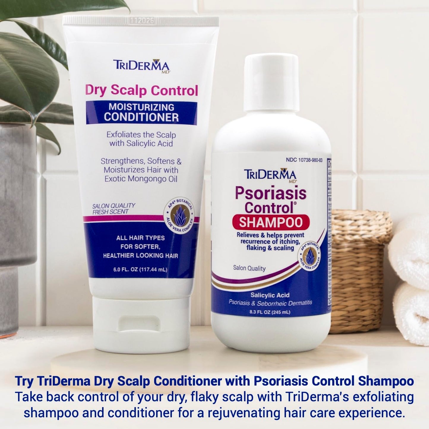 TriDerma Psoriasis Control Scalp Exfoliator Shampoo 8.3 oz & Dry Scalp Moisturizing Hair Conditioner 6.0 oz, Salon Quality Dry Scalp Treatment Hair