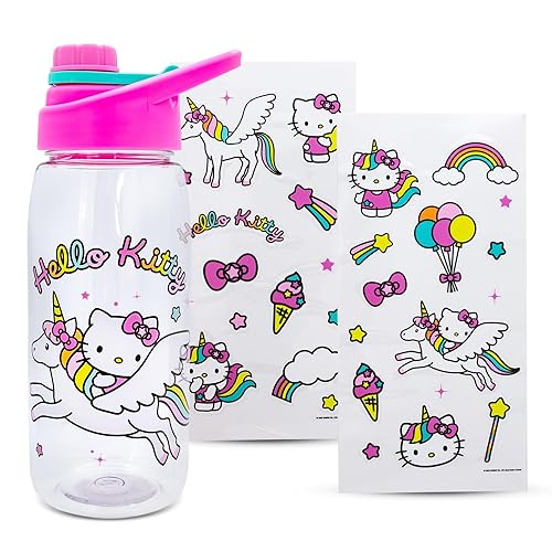 Silver Buffalo Sanrio Hello Kitty Unicorn Twist Spout Plastic Water Bottle Jug and Sticker Set For Personalizing | Holds 20 Ounces