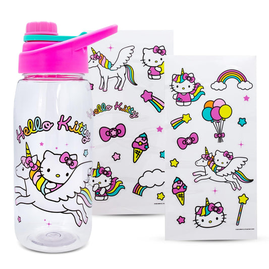 Silver Buffalo Sanrio Hello Kitty Unicorn Twist Spout Plastic Water Bottle Jug and Sticker Set For Personalizing | Holds 20 Ounces