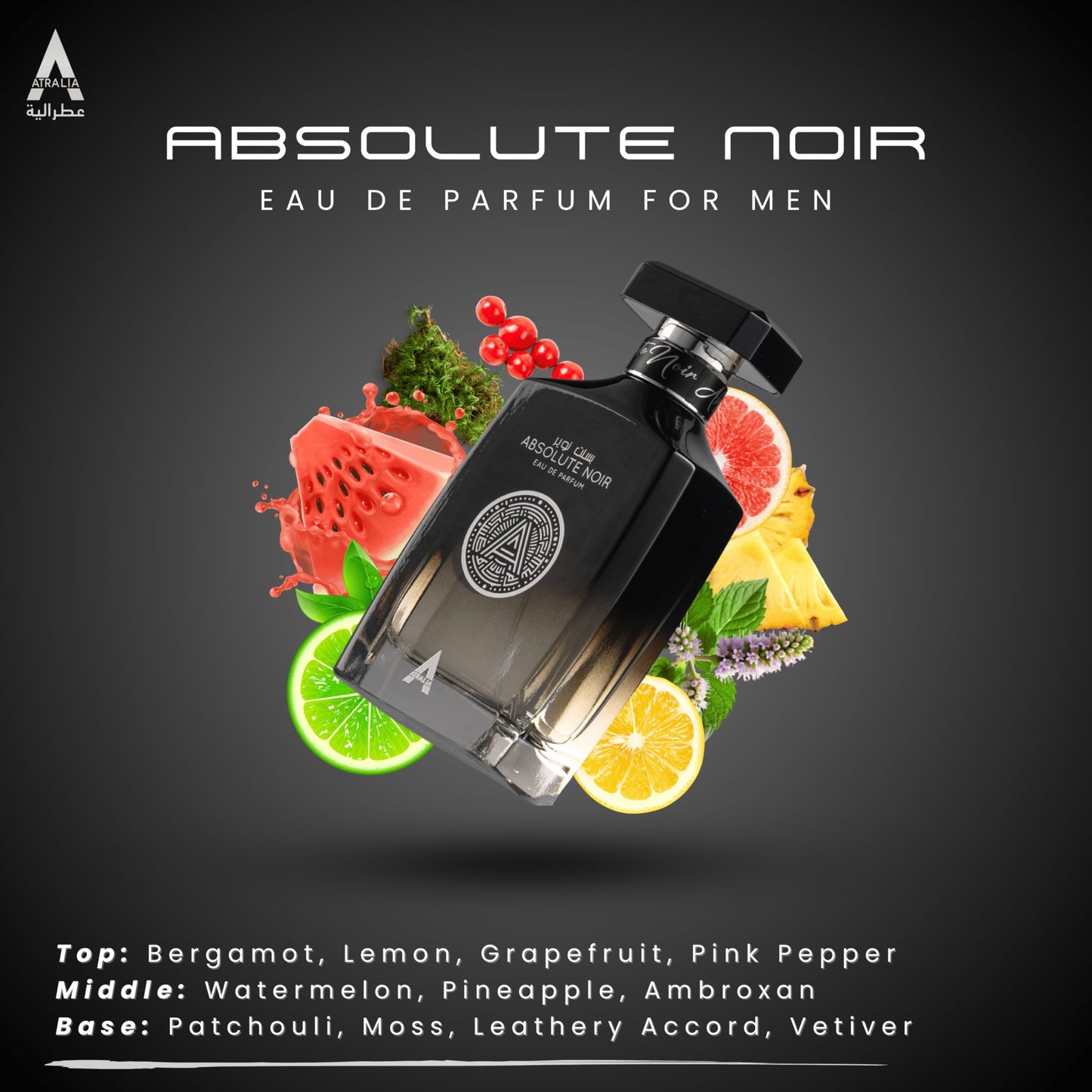 Atralia Absolute Noir Eau De Parfum for Men 100Ml 3.4Oz - Luxurious and Long Lasting Fragrances with Top Notes of Bergamot, Lemon, Grapefruit, Pink