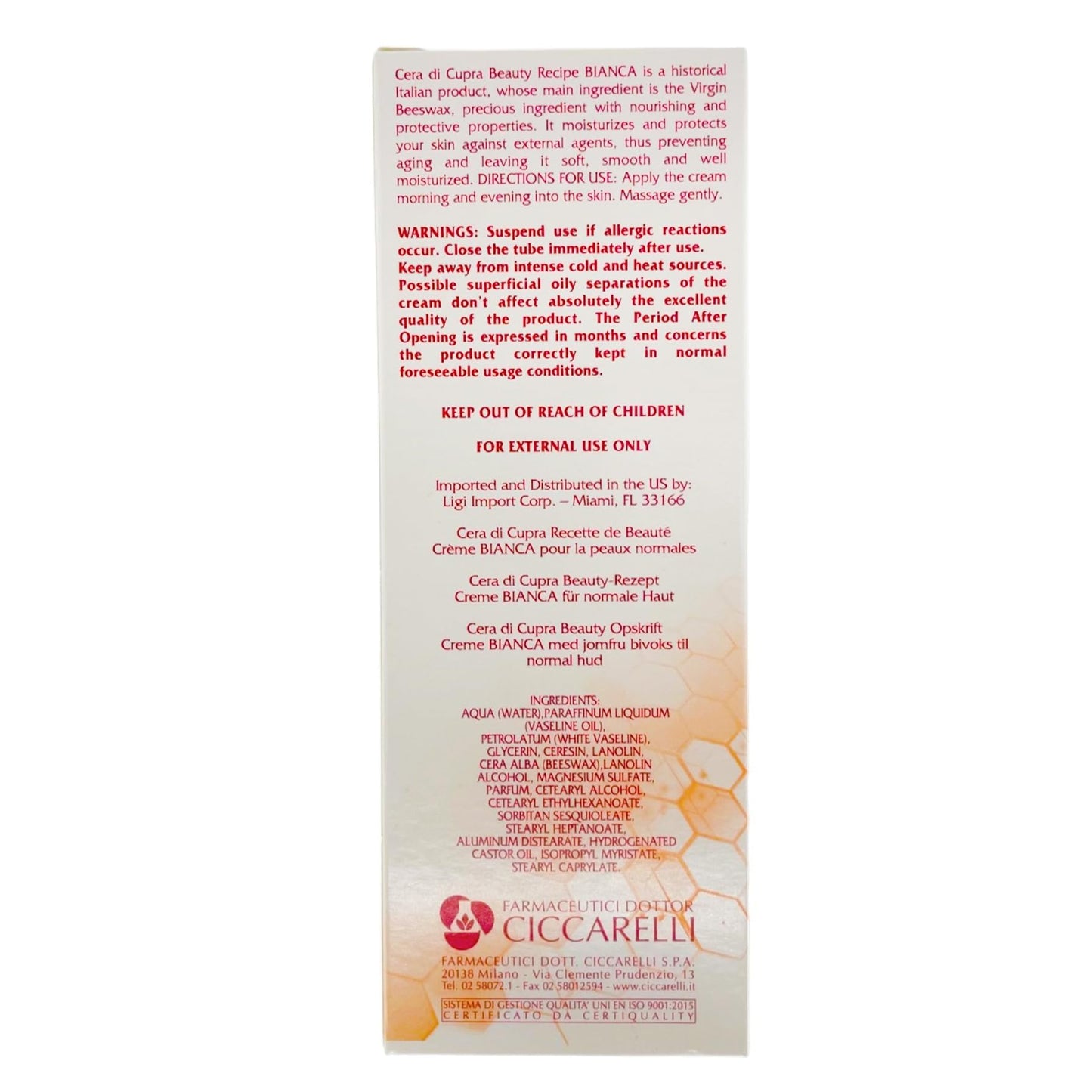CERA DI CUPRA Bianca Face Cream Moisturizer for Normal and Oily Skin - Nourishing and Protective Formula with Virgin Beeswax (2.5 Fl Oz / 75 ml)
