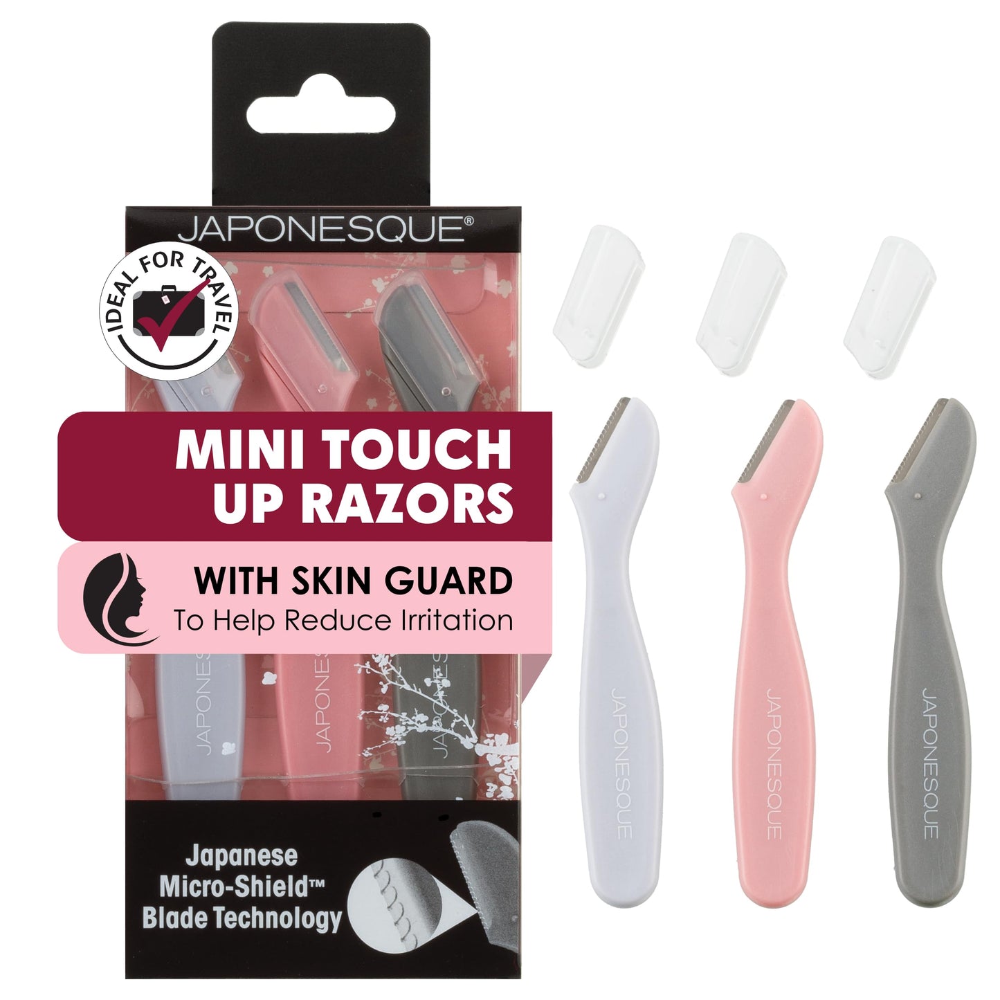 JAPONESQUE Mini Touch Up Razors - Travel Size Dermaplaning Tool Set - 3 Piece Mini Travel Razor Kit, One Blade Fixed Dermaplane Razor For Women