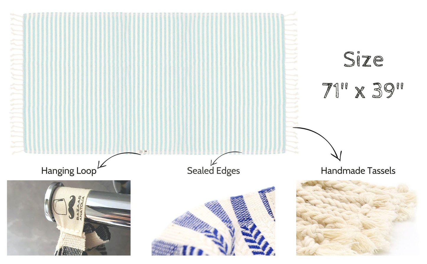 Bazaar Anatolia Turkish Beach Towel - 100% Cotton, Quick Dry, Sand Free Towel for Bathroom, Travel, Camping - Oversized 71x39 Inches - Arpa Mint