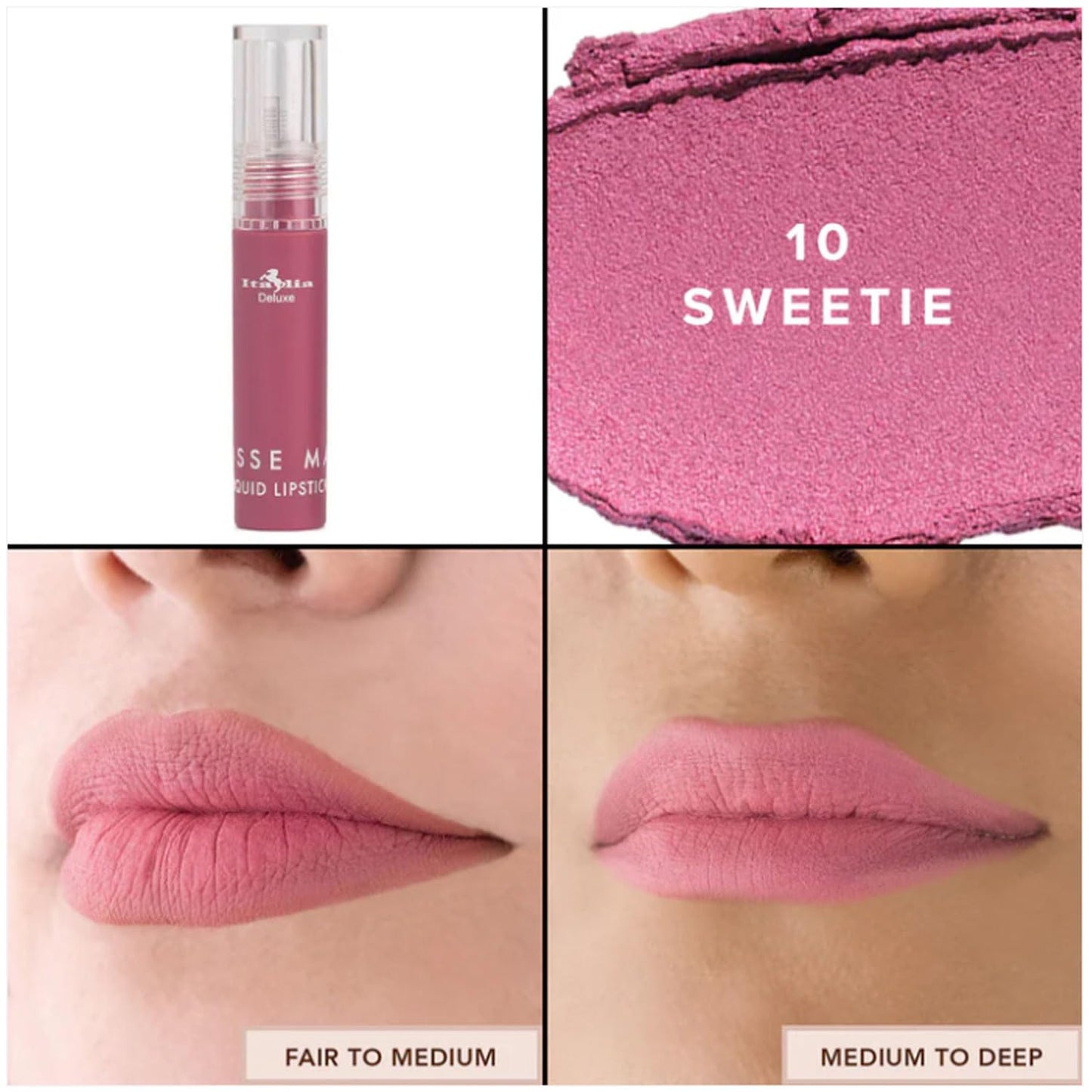 Italia Deluxe Pick 1 Mousse Matte Liquid Lipstick Comfortable Velvet Finish & Zipper Bag (190-10 : SWEETIE, Full Size)