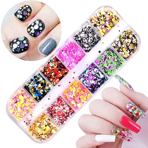 12 Colors Laser Mixed Circle Nail Glitter Sequins 3D Nail Art Accessories Holographic Round Shape Flakes Nail Art Design Acrylic Nails Supplies Women