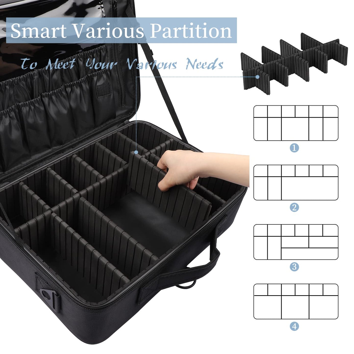 GCZC Large 16.5" Travel Makeup Train Case – Professional Cosmetic Organizer with Adjustable Dividers, Brush Storage & Shoulder Strap (Black)