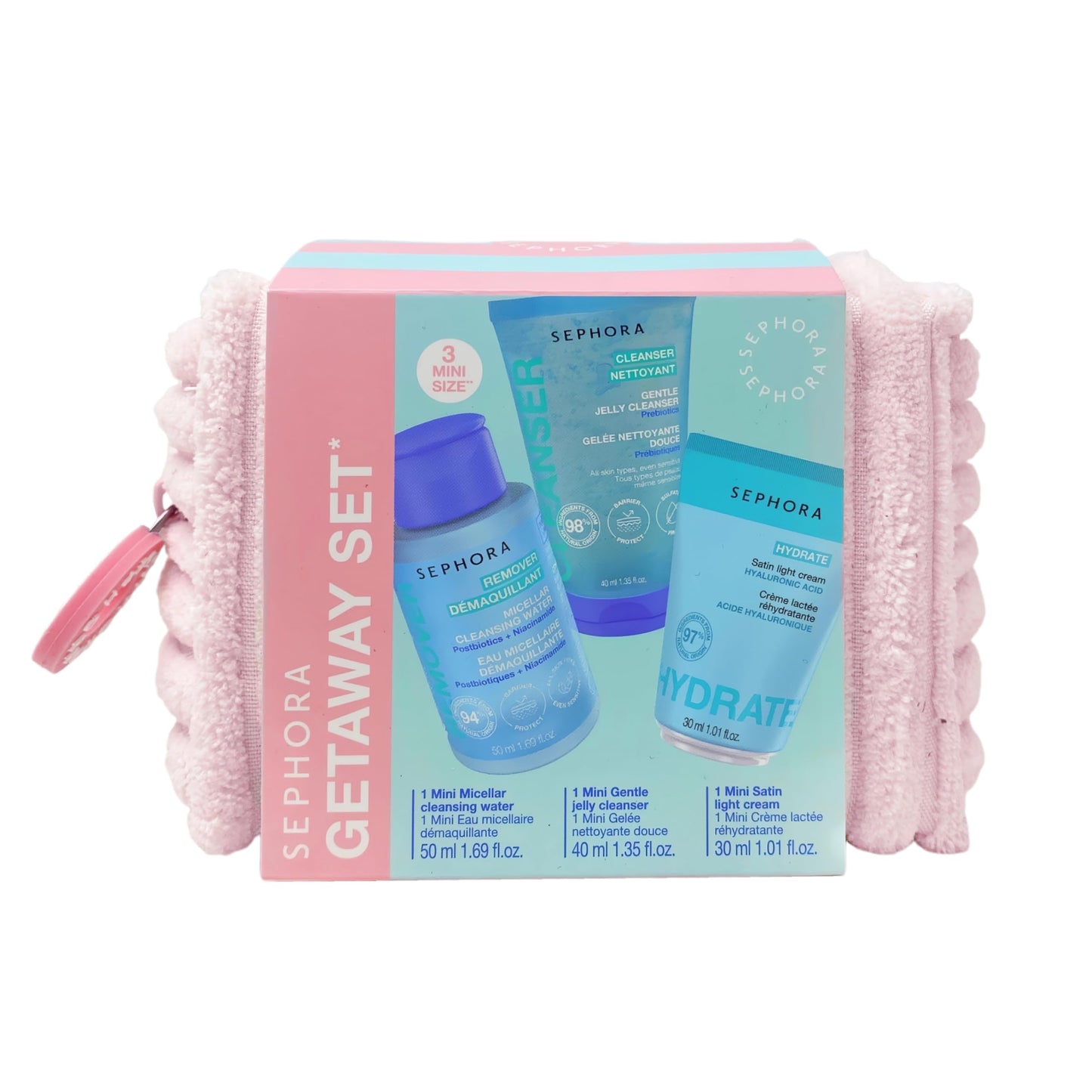 Sephora Collection Getaway Mini Essentials Set with Pouch - Satin Cream, Micellar Water & Jelly Cleanser - Travel Size Skincare