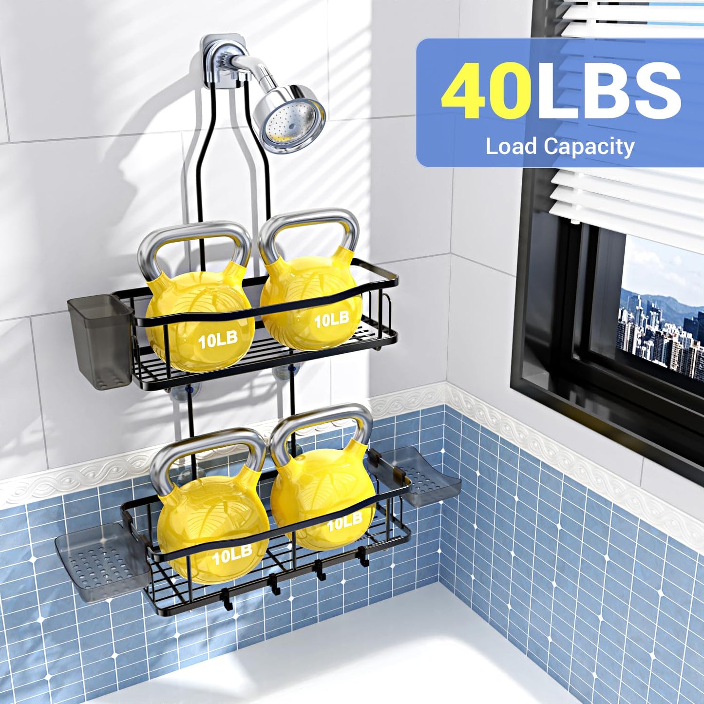 Aitatty Hanging Shower Caddy – Rustproof Over Shower Head Organizer with Shelves & Soap Holder – No Drilling, Black