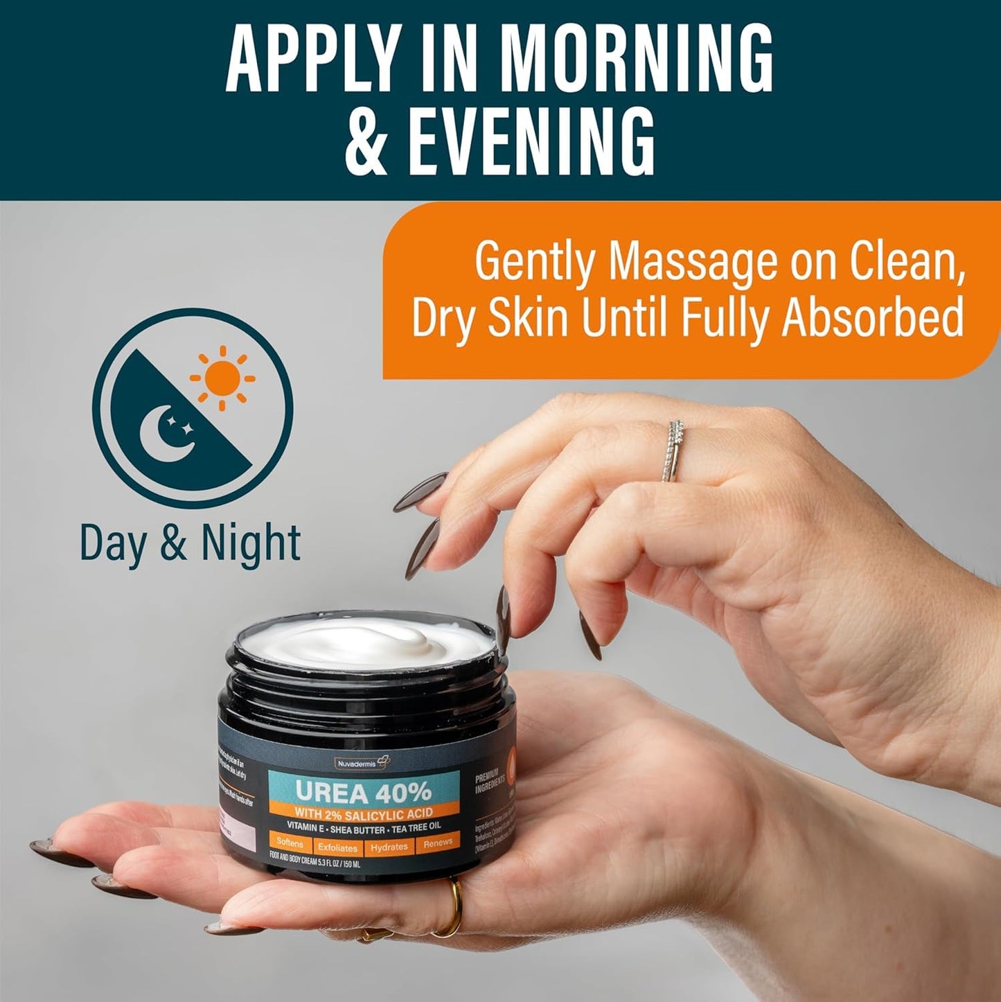 NUVADERMIS Urea Cream 40 Percent for Feet Maximum Strength - 40% Urea Foot Cream for Dry Cracked Heels and Feet - 2% Salicylic Acid, Shea Butter, Tea