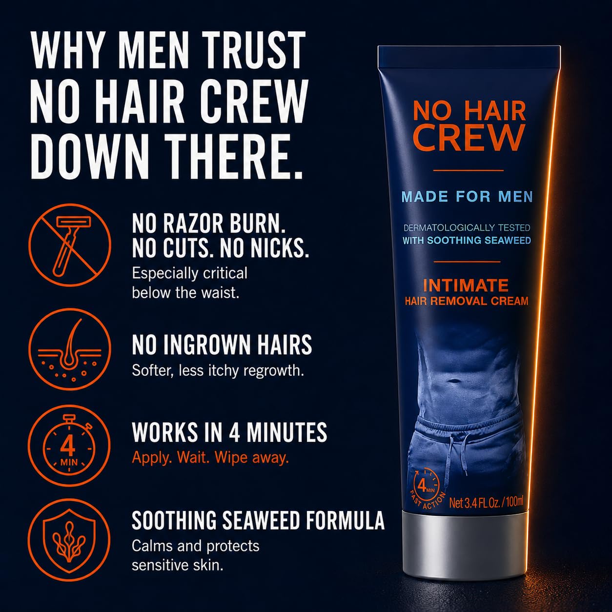 No Hair Crew Intimate/Private At Home Hair Removal Cream for Men - Painless, Flawless, Soothing Depilatory for Unwanted Coarse Male Body Hair, 100ml Beauty and Personal Care NO HAIR CREW