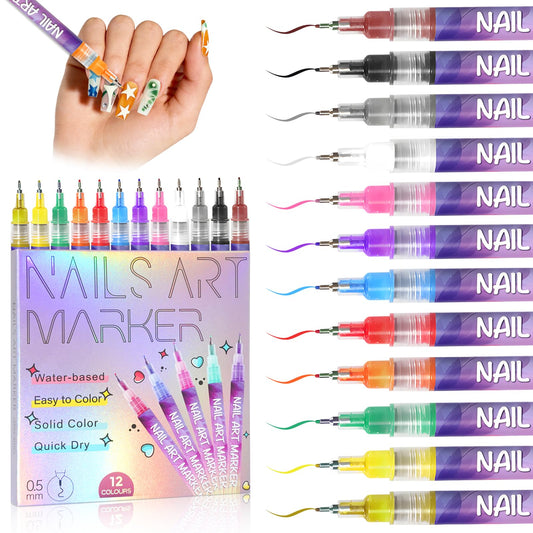 12 Colors Nail Art Marker Pens Set, Nail Markers for Nail Art, Suitable for Nail Art, Nail Painting, And Artistic Decorations; Suitable for Both Beauty & Personal Care WJOWJO