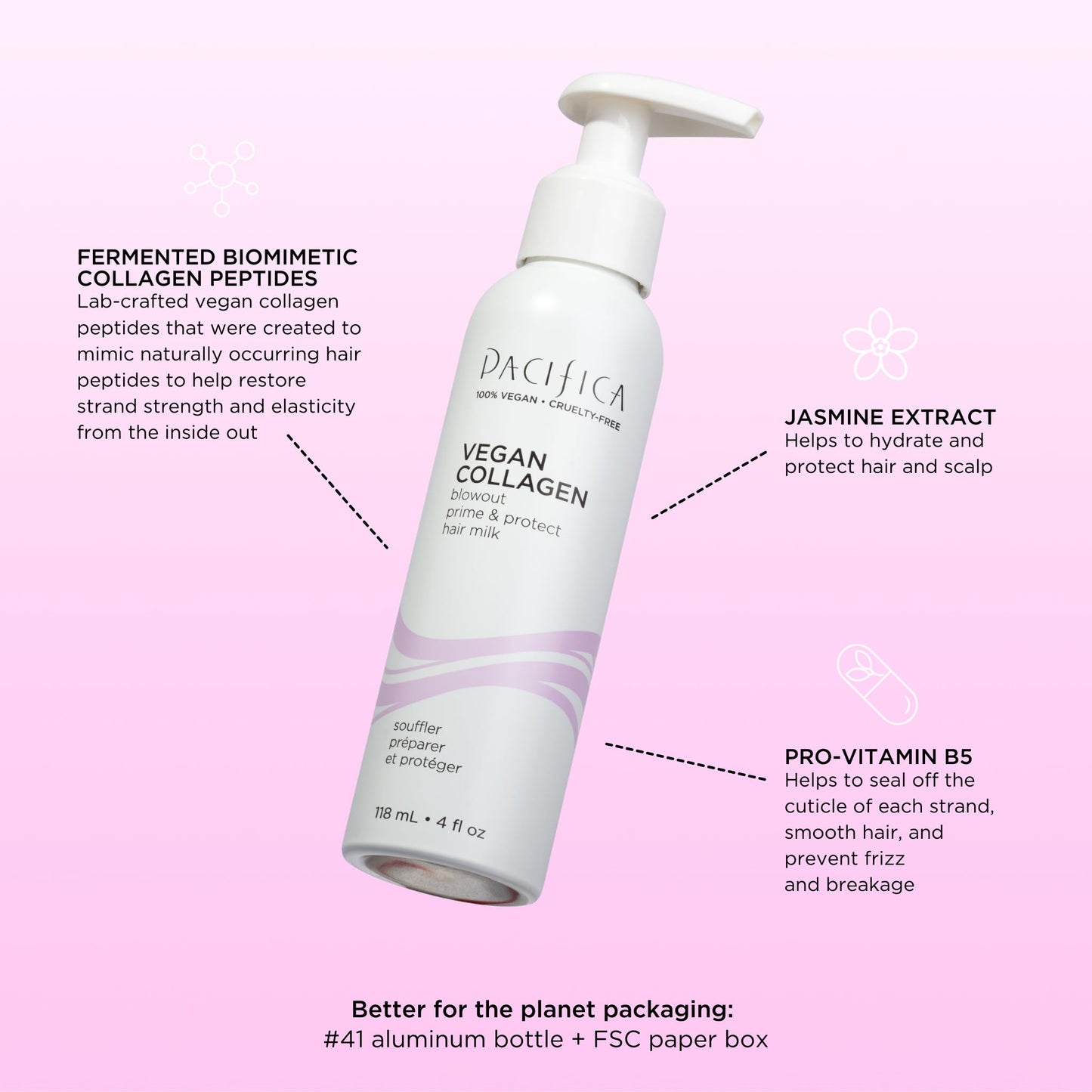 Pacifica Heat Protection Spray for Hair - Vegan Collagen Blowout Prime & Thermal Protection Hair Milk - Blow Dry Spray - for Curly, Wavy & Straight