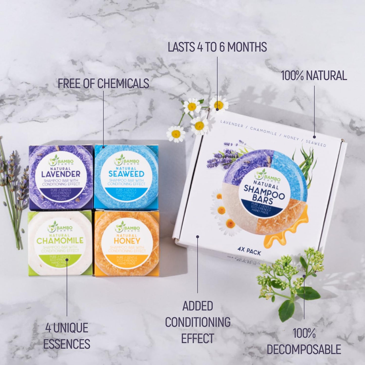 Solid Shampoo Bar And Conditioner Effect Hair Soap - 4 Pack 100% Organic Shampoo Bars For Hair With All Natural Plant Based Essential Oils And Eco