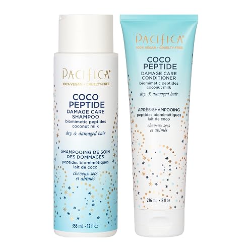 Pacifica Coco Peptide Damage Care Shampoo & Conditioner Set - Repairing Hair Care for Dry Damaged Hair Vegan Collagen & Peptides for Split Ends