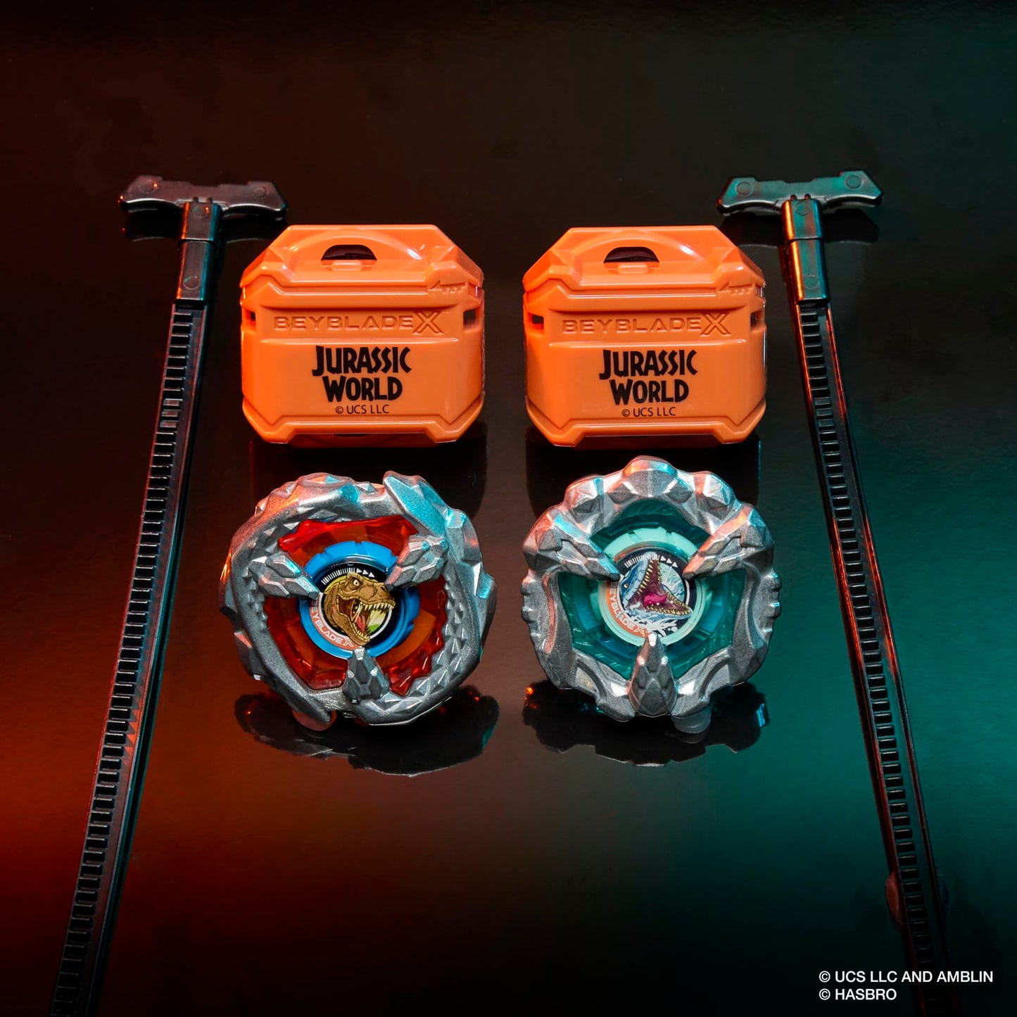 Beyblade X Jurassic World Collab T. Rex vs. Mosasaurus Multipack Set, 2 Takara Tomy Tops, 2 launchers, Battling Top Game, Dinosaur Toys, Ages 8+