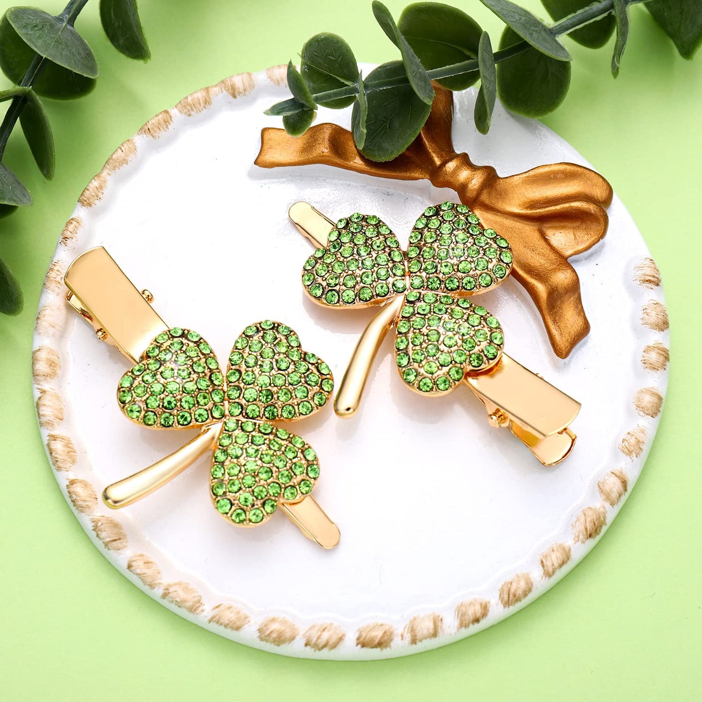 St. Patrick’s Day Hair Clips Rhinestone Glitter Green Leaf Hairpins for Women Lucky Shamrock Hair Clips Costume Hair Accessory Holiday Party Gifts