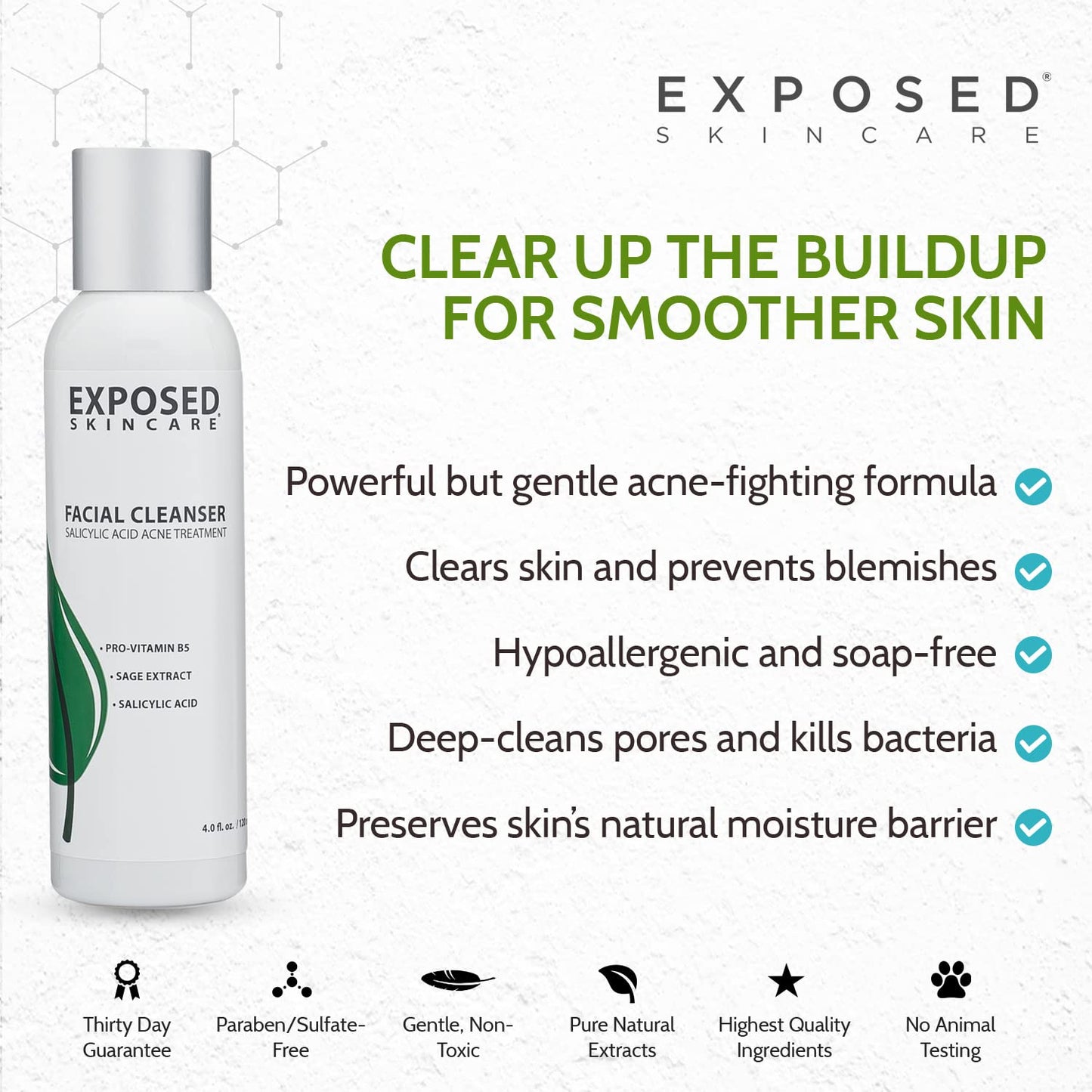 Exposed Skin Care, Acne Facial Cleanser with 0.5% Salicylic Acid for Sensitive and Acne-Prone Skin - Gentle Daily Face Wash for Breakout, Blackhead