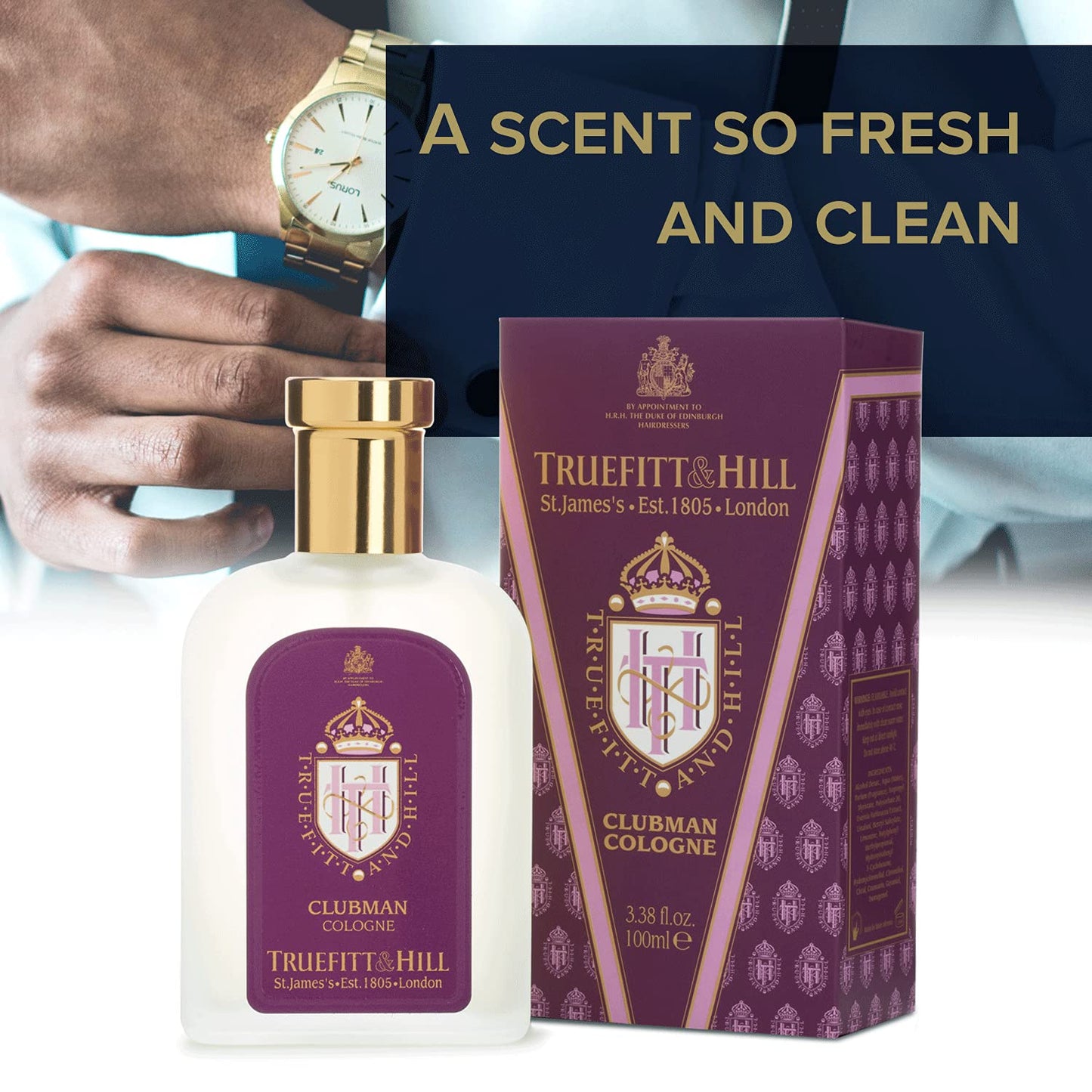 Truefitt & Hill Luxury Cologne - Premium Long-Lasting Bergamot and Lavender Men's Clubman Scented Fragrance, Presented in a Beautifully Etched