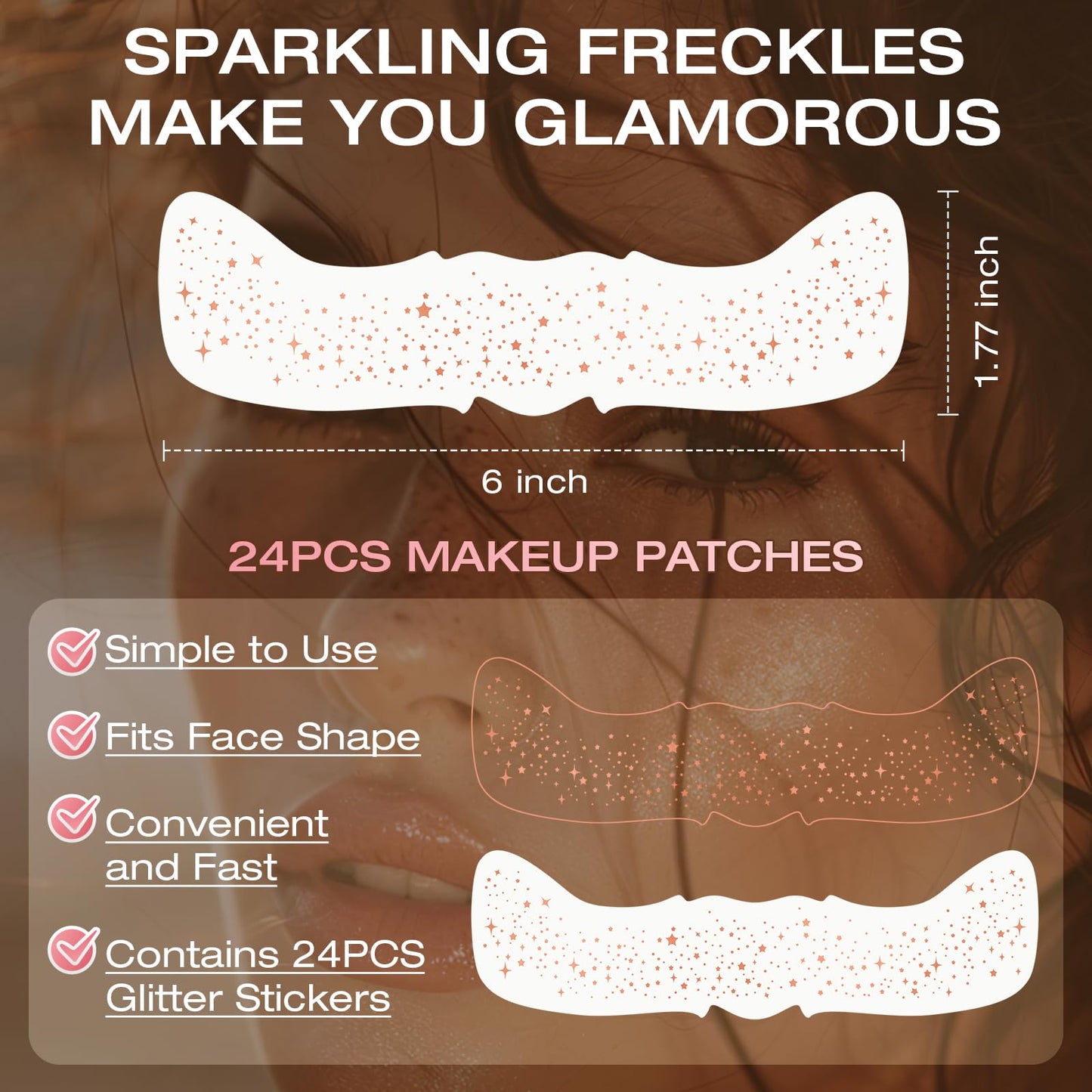 Leterly 24 Pcs Glitter Freckles Face Tattoo,Rose Gold Face Glitter Makeup Patches Cute Sparkle Freckles Patches Waterproof Makeup Speckles for Face