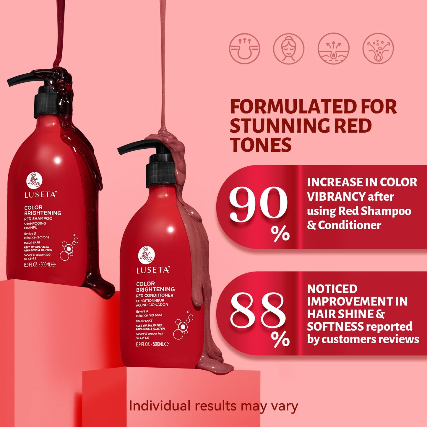 Color Treated Red Hair Shampoo and Conditioner Set with Pomegranate Extract for Copper Brightening and Strengthening, for Women and Men, 16.8oz*2