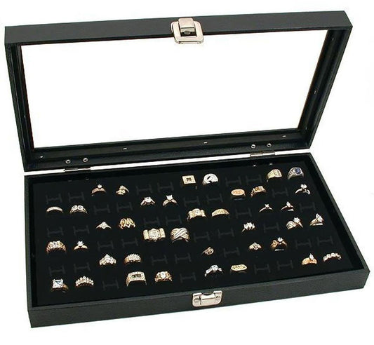 RJ Displays Glass Top Black Jewelry Display Case with 72 Slot Rings Tray. Comes with Free Jewelry Polishing Cloth