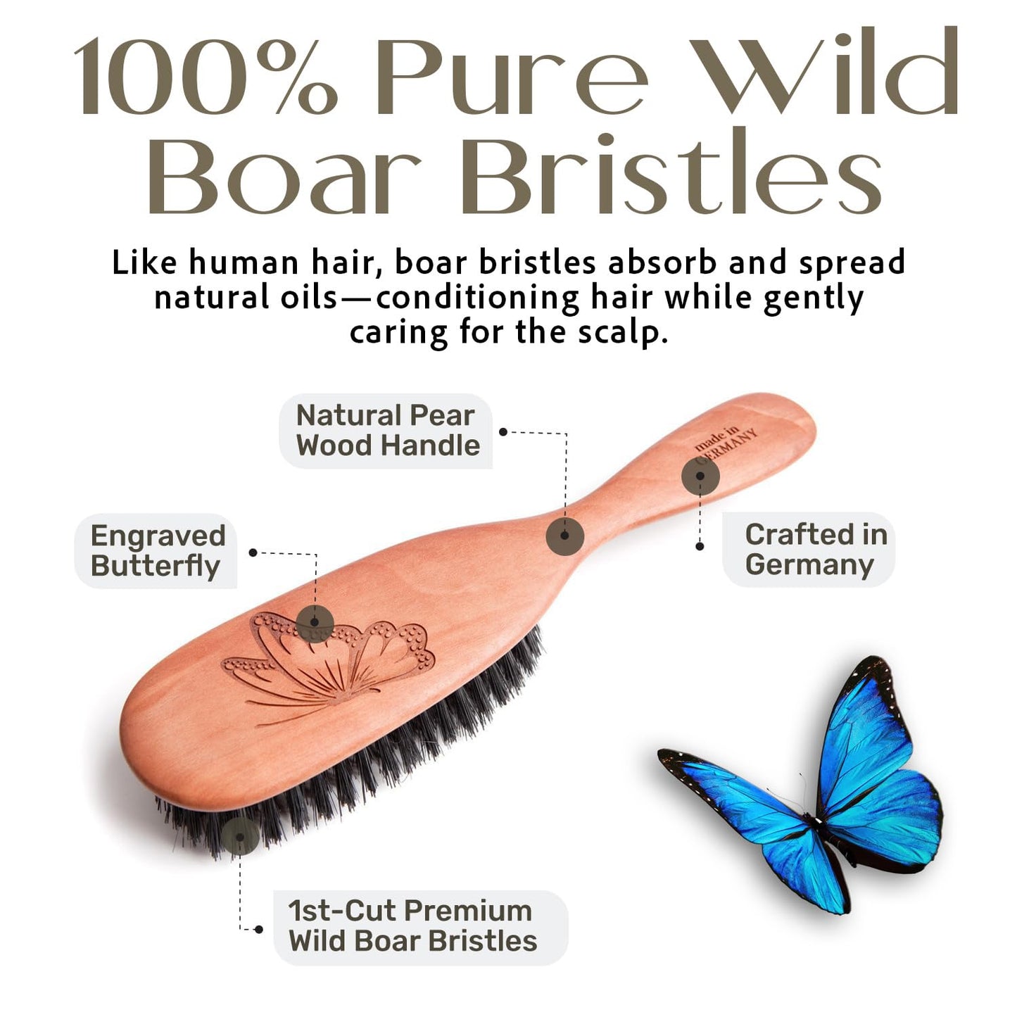 100% Wild Boar Bristle Hairbrush for Natural Healthy Hair, Medium Soft Tibet Bristles, Pear Wood Handle, Wooden Hair Brush for Fine or Thinning Hair
