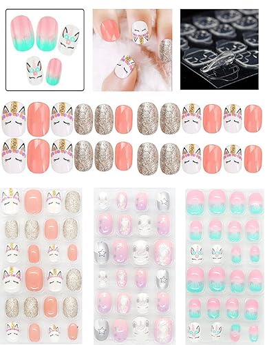 Rain Bingo 72 Pieces False Nails Press on Nails for Kids- Unicorn Short Fake Artificial Full Cover Nail Art Kits Transation with Nail Glue Tabs