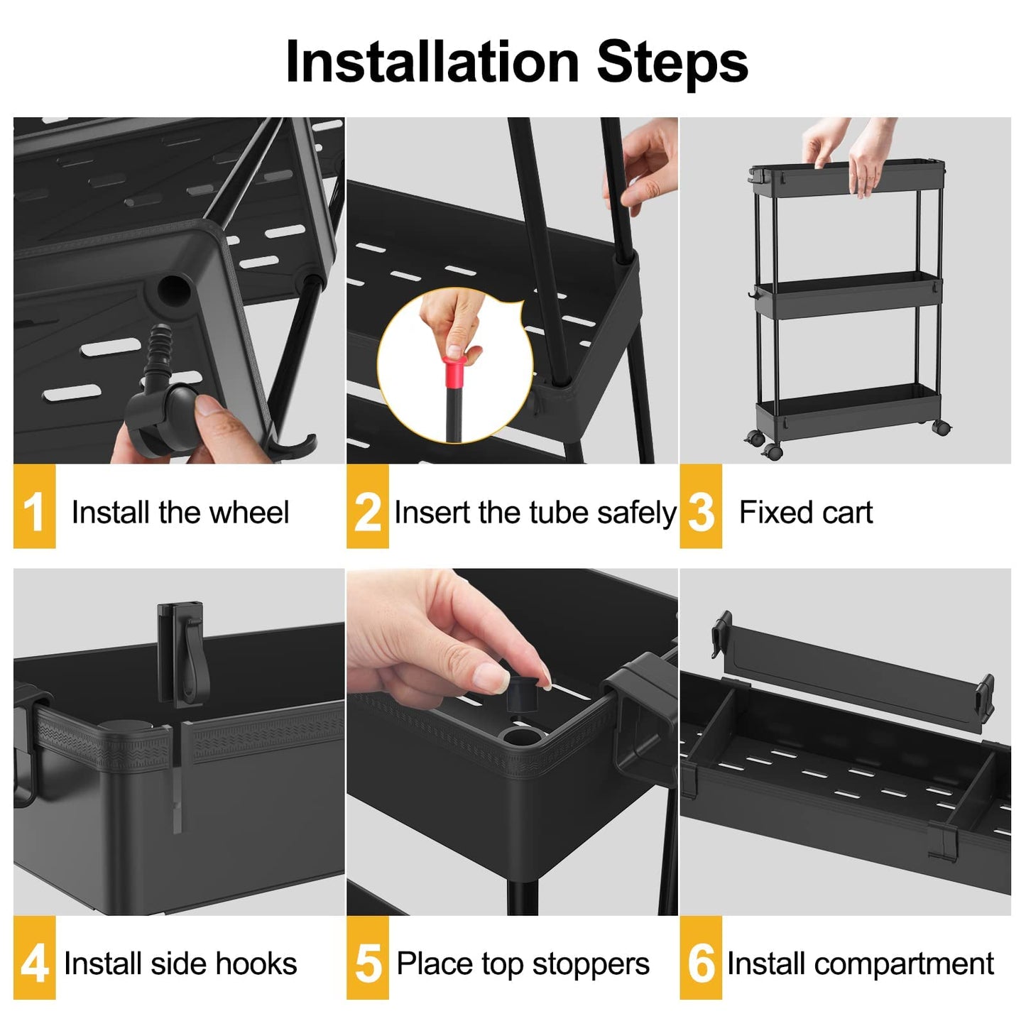 SPACELEAD Slim 4-Tier Storage Cart, Rolling Bathroom Organizer & Mobile Shelving Unit for Kitchen, Laundry, Office & Narrow Spaces, Black