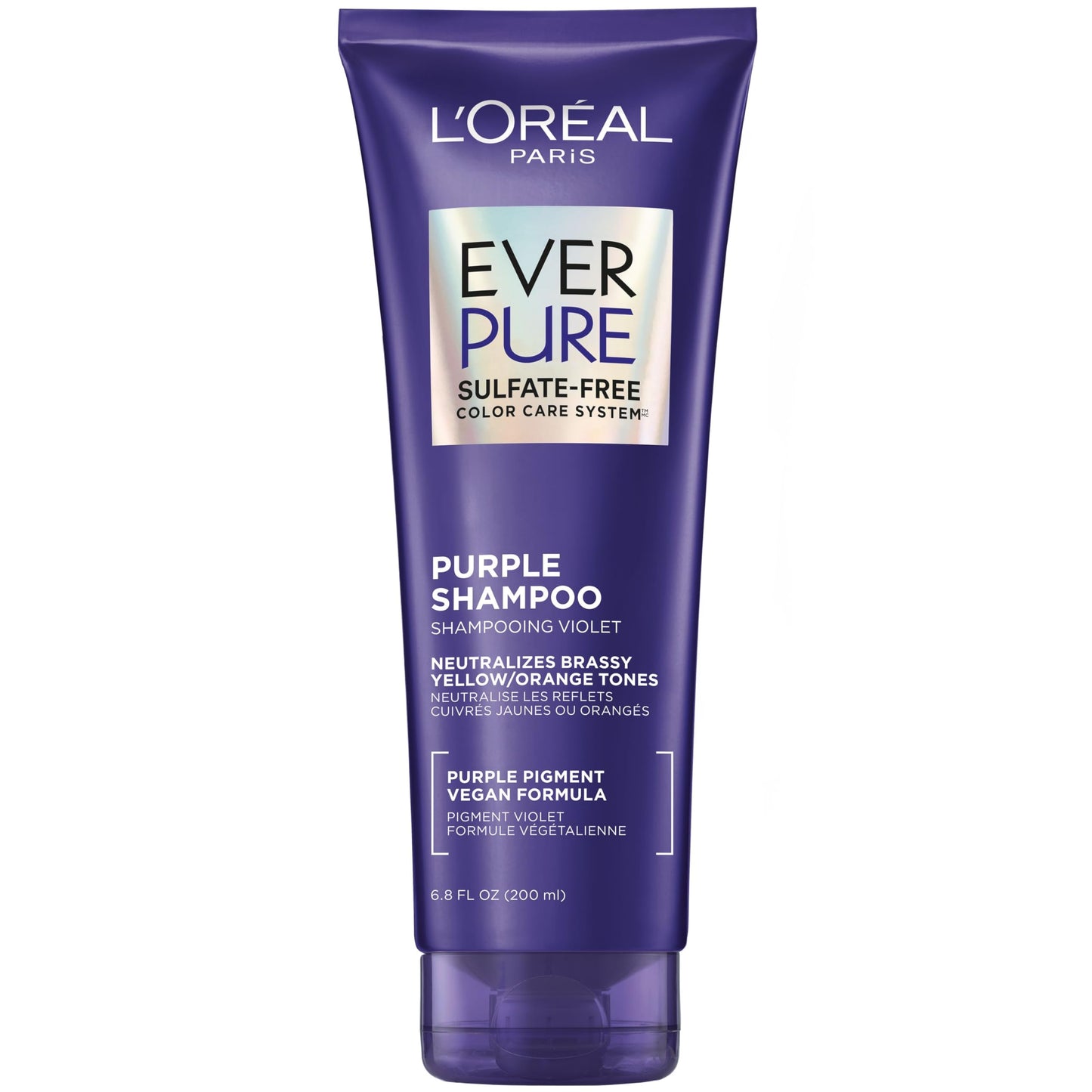 L’Oreal Paris Sulfate Free Brass Toning Purple Shampoo for Blonde, Bleached, Silver, or Brown Highlighted Hair, EverPure, 6.8 Fl Oz (Packaging May