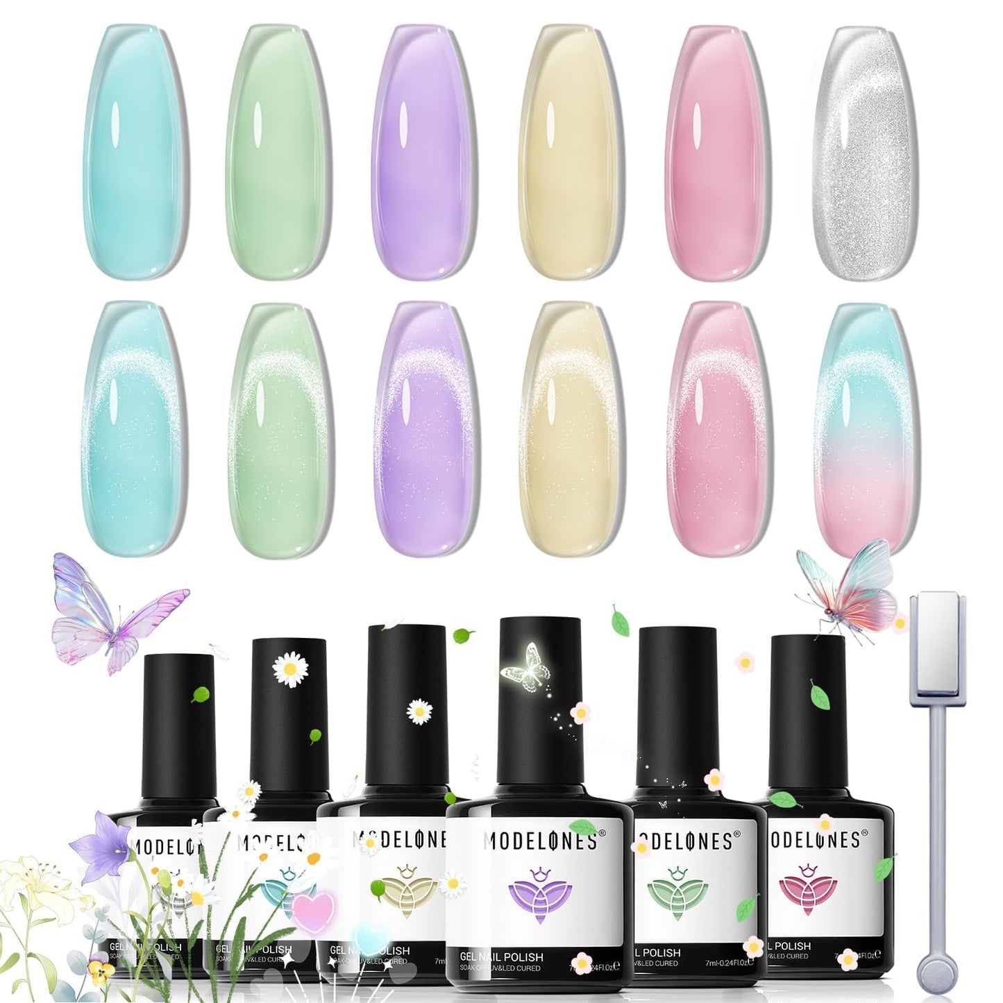 modelones Gel Nail Polish Set, 6 Colors 2026 Spring Summer Silver Cat Eye Gel Polish Translucent Pastel Sheer Pink Yellow Lavender Purple Baby Blue Beauty and Personal Care modelones Default Title