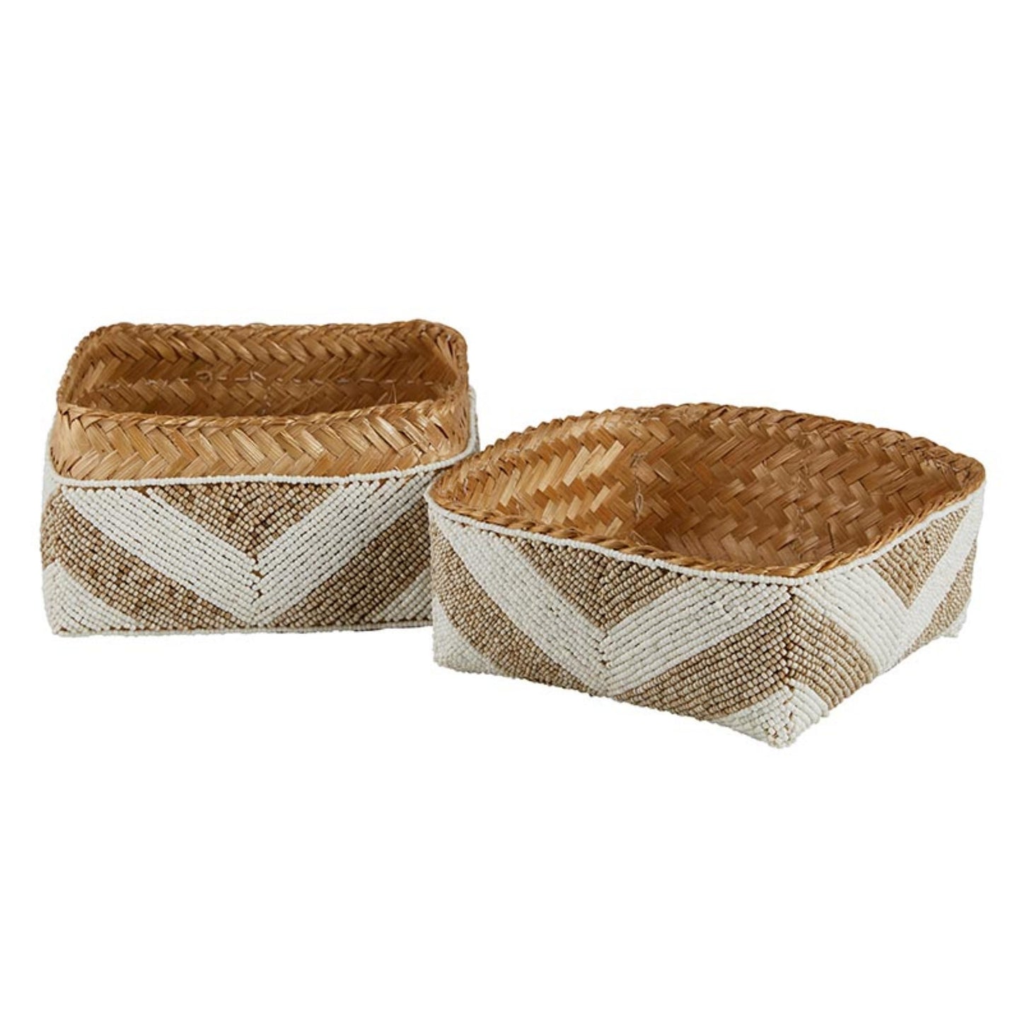 47th & Main Beaded Baskets Square Woven Bamboo Storage Boxes with Lids, Set of 3, Light Pattern